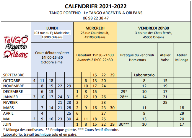 Le calendrier - Le Tango Argentin à Orléans