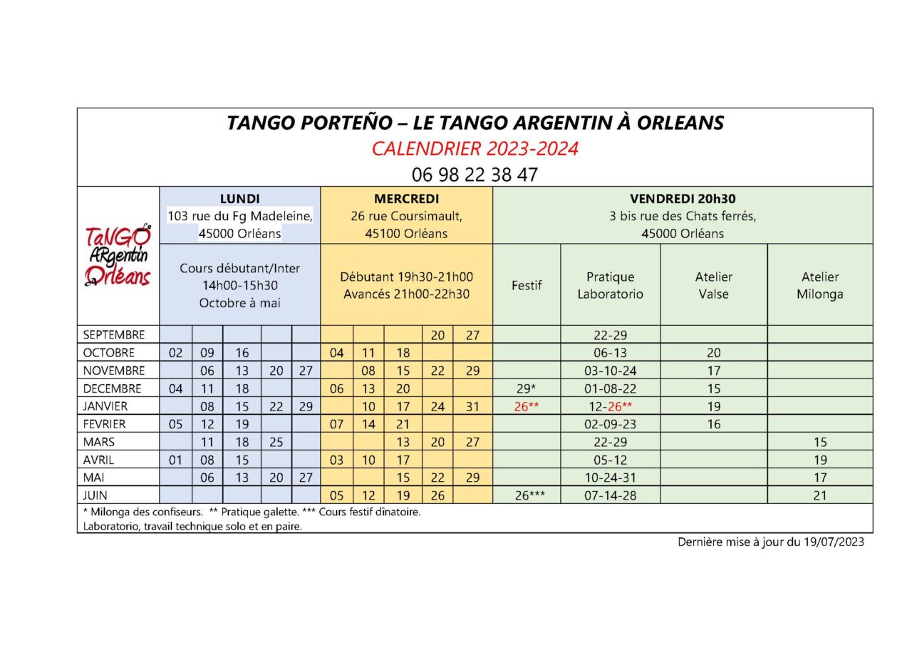 Calendrier Tango Argentin 